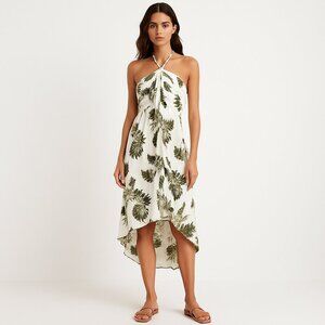 Sunny Island Hawaii Womens Halter Tropical Rayon Dress Green Ivory Size 2XL